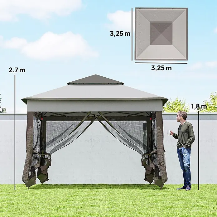 Outsunny Faltpavillon - B x T: 3,25 x 325 cm, Farbe Dach: Hellgrau - Grauer Pavillon mit Moskitonetzen, 3,25x3,25x2,7m, mit 1,8m Person zur Größenanzeige im Garten.