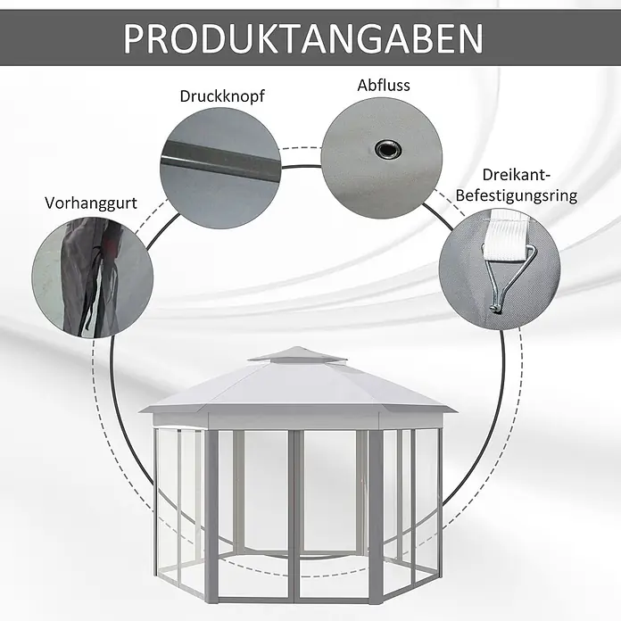 Outsunny Faltpavillon - B x T: 405 x 340 cm, Farbe Dach: Grau - Hexagonales Pavillon (grau/weiß) mit Details von Druckknopf, Abfluss, Vorhanggurt und Dreikant-Befestigungsring.