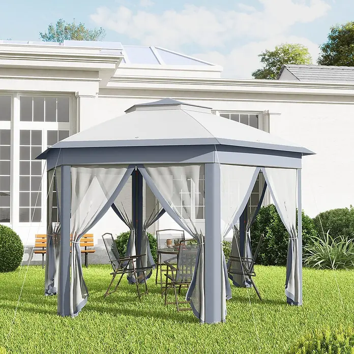 Outsunny Faltpavillon - B x T: 405 x 340 cm, Farbe Dach: Grau - Grau-weißes Outdoor-Pavillon mit Netzseitenwänden, bietet schattigen Platz für Tisch und Stühle.