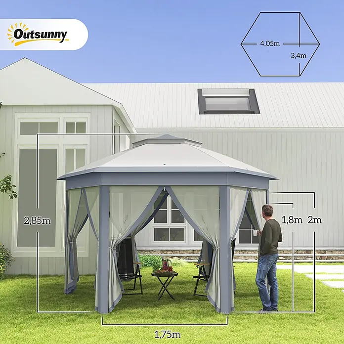 Outsunny Faltpavillon - B x T: 405 x 340 cm, Farbe Dach: Grau - Sechseckiger grauer Pavillon mit weißen Vorhängen in einem Garten, Maße angegeben.