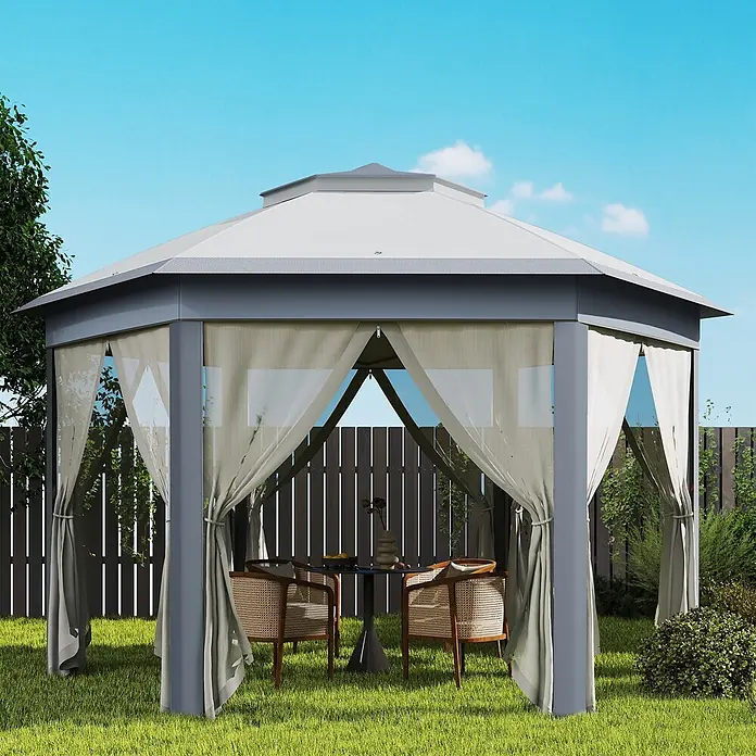 Outsunny Faltpavillon - B x T: 405 x 340 cm, Farbe Dach: Grau - Sechseckiger grauer Pavillon mit hellen Vorhängen, der einen Tisch und Stühle umschließt.