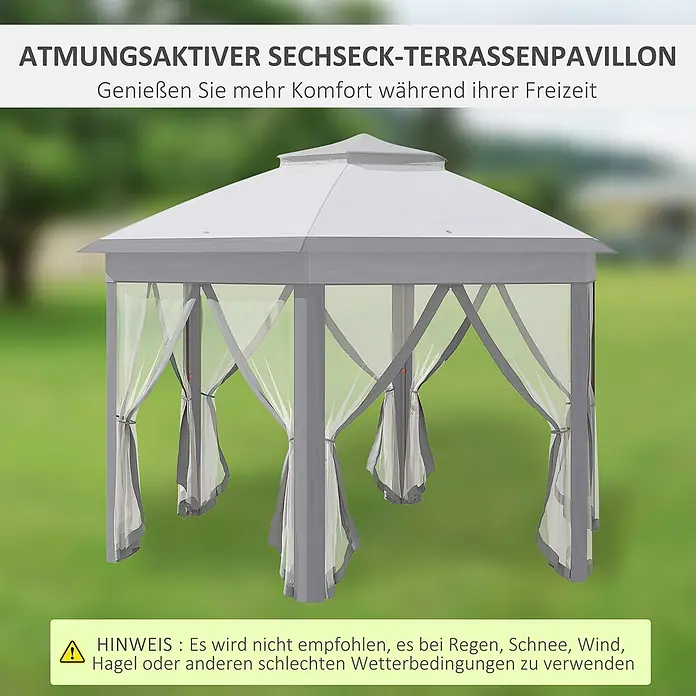 Outsunny Faltpavillon - B x T: 405 x 340 cm, Farbe Dach: Grau - Grauer sechseckiger Pavillon mit transparenten Moskitonetzen für den Außenbereich.