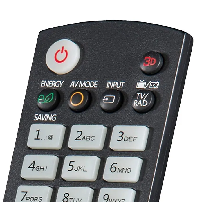 Hama Universal-Fernbedienung 00221061 - Schwarz - Schwarze Fernbedienung mit weißen und farbigen Tasten, darunter Power, Energiesparen, Input und ein Ziffernblock.