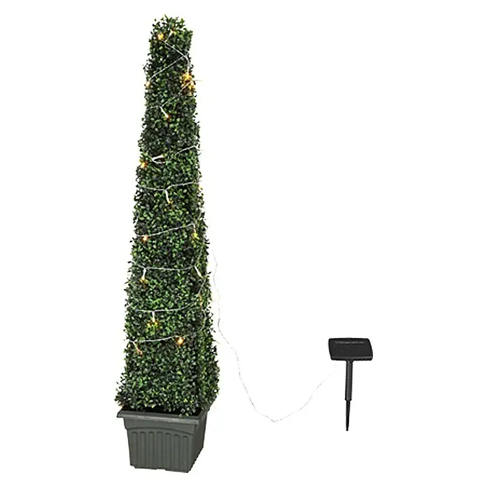 Globo Solar-Lichterkette - 20 m, IP44, Lichtfarbe: Warmweiß - Bild einer künstlichen Buchsbaum-Spirale mit Solarpanel und warmweißen Lichtern, ideal für den Außenbereich.