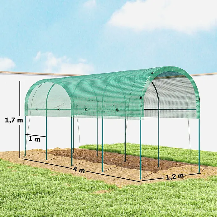 Outsunny Gewächshaus - Außenmaß inkl. Dachüberstand (B x T): 120 x 400 cm, Material Seitenwand: Kunststoff, 0,3 mm, Grün - Grünes Maschen-Folientunnelgewächshaus mit Metallpfosten im Garten, 4m lang, 1,2m breit, 1,7m hoch.