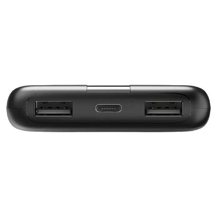 Hama Powerbank 00201709 "Performance 10" 10000mAh 3 - Anthrazit - Schwarzes, abgerundetes Powerbank-Ende mit zwei USB-A-Anschlüssen und einem zentralen USB-C-Anschluss.