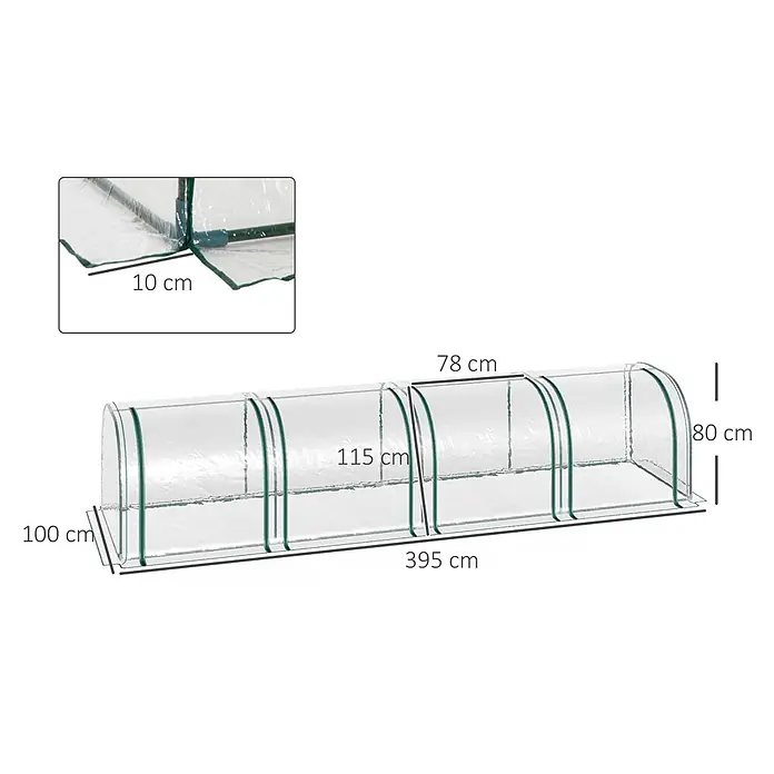 Outsunny Gewächshaus - 395 x 100 cm, Material Seitenwand: Kunststoff, 0,3 mm, Grün - Langer, transparenter Gewächshaustunnel aus Kunststoff mit grünen Rahmen, Maße angezeigt.