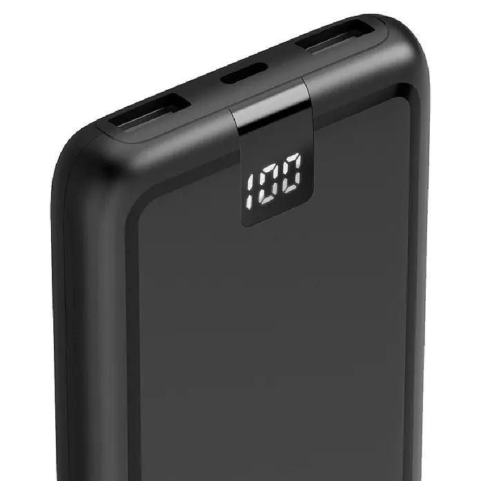 Hama Powerbank 00201709 "Performance 10" 10000mAh 3 - Anthrazit - Schwarze Powerbank mit digitaler Anzeige '100' und mehreren USB-Anschlüssen.