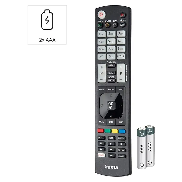Hama Universal-Fernbedienung 00221061 - Schwarz - Dunkelgraue TV-Fernbedienung mit zahlreichen Tasten und zwei AAA-Batterien.