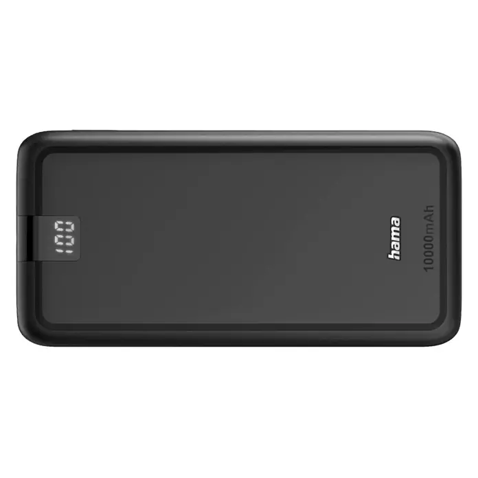 Hama Powerbank 00201709 "Performance 10" 10000mAh 3 - Anthrazit - Schwarze Powerbank mit Digitalanzeige '100' und Aufschrift 'hama 10000mAh' an der Seite.
