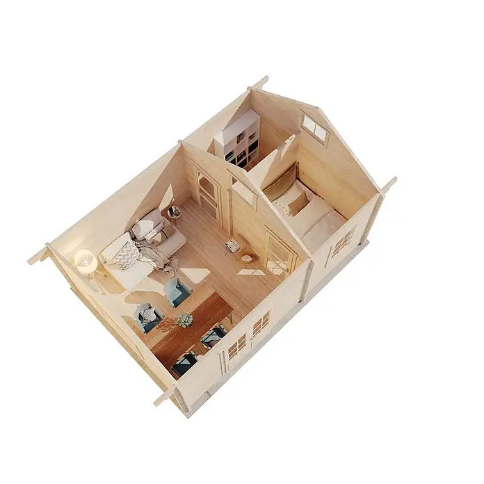 Alpholz Gartenhaus Arizona - Außenmaß inkl. Dachüberstand (B x T): 678 x 470 cm, Holz, Naturbelassen - Modell einer hellen Holzhütte, Draufsicht zeigt Wohn-, Ess- und Schlafbereiche.
