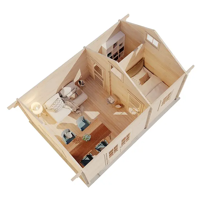 Alpholz Gartenhaus Arizona - Außenmaß inkl. Dachüberstand (B x T): 678 x 470 cm, Holz, Naturbelassen - Helle Holzhütte mit Wohn- und Schlafbereich, Innenansicht.