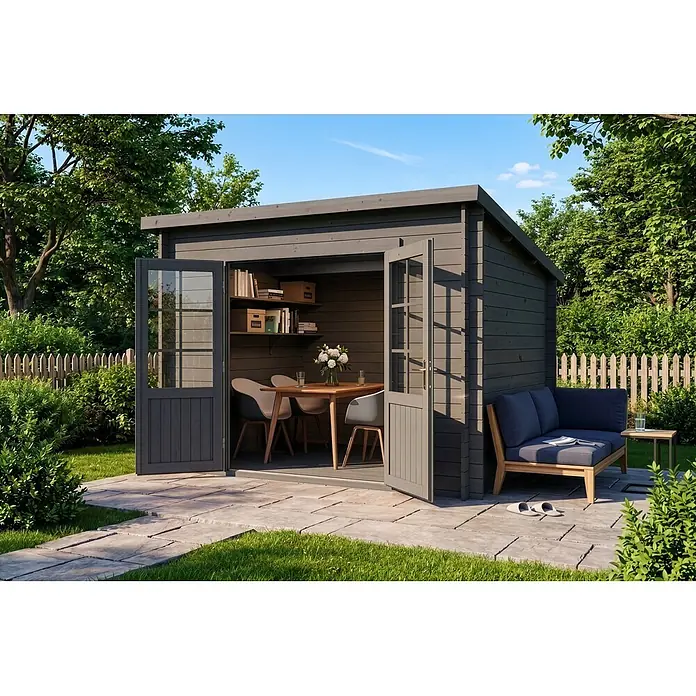 Alpholz Gartenhaus Maria - Außenmaß inkl. Dachüberstand (B x T): 300 x 272 cm, Holz, Grau - Dunkelgraues Gartenhaus aus Holz mit offenen Türen, das einen Essbereich innen und einen Loungebereich außen zeigt.