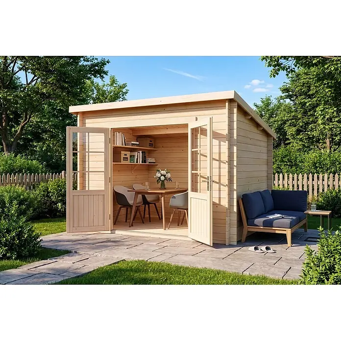 Alpholz Gartenhaus Maria - Außenmaß inkl. Dachüberstand (B x T): 300 x 272 cm, Holz, Naturbelassen - Ein heller Holz-Gartenraum mit offenen Türen, eingerichtet als Ess- und Entspannungsbereich.