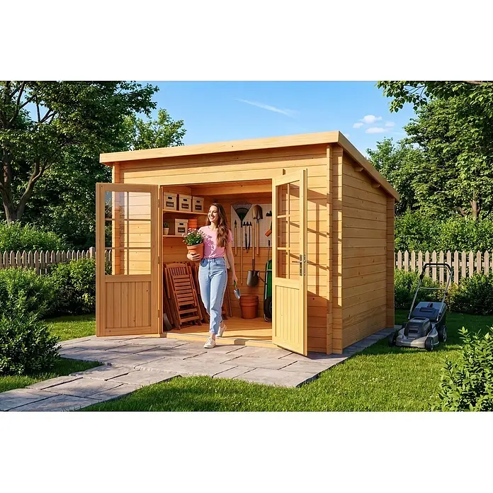 Alpholz Gartenhaus Maria - Außenmaß inkl. Dachüberstand (B x T): 300 x 272 cm, Holz, Pinie - Heller Holz-Gartenschuppen mit offenen Doppeltüren, eine Frau kommt mit einer Topfpflanze heraus. Funktionale Outdoor-Aufbewahrungslösung.
