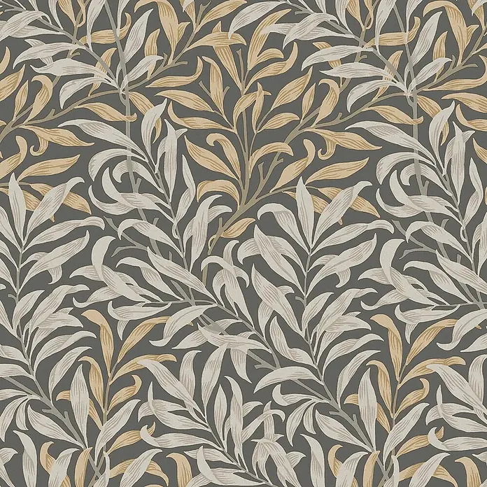William Morris At Home Vliestapete Weidenzweig - Grau, Floral, 1.000 x 52 cm - Nahtloses Muster aus stilisierten beigefarbenen und cremeweißen Blättern.