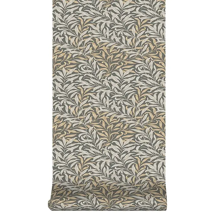 William Morris At Home Vliestapete Weidenzweig - Grau, Floral, 1.000 x 52 cm - Tapetenrolle mit grauem und beigem Blattmuster auf dunkelgrauem Hintergrund.