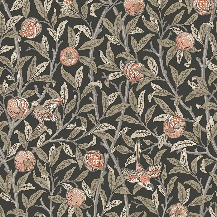 William Morris At Home Vliestapete Vogel & Granatapfel - Grau, Floral, 1.000 x 52 cm - Aufwendiger gemusterter Stoff oder Tapete mit Granatäpfeln, Vögeln und Blättern auf dunklen Ästen in gedeckten Korall-, Grün- und Grautönen.