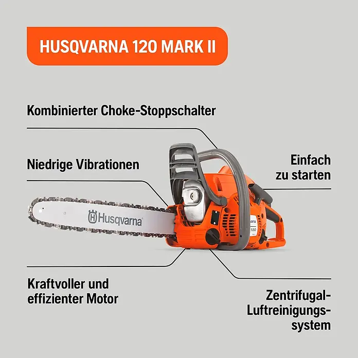 Husqvarna Benzin-Kettensäge 120 Mark II - 1.400 W, 38 cm³, Schwertlänge: 35 cm, Max. Aststärke: 300 mm - Eine orange-graue Husqvarna 120 Mark II Kettensäge mit hervorgehobenen Funktionen durch Textbeschriftungen.