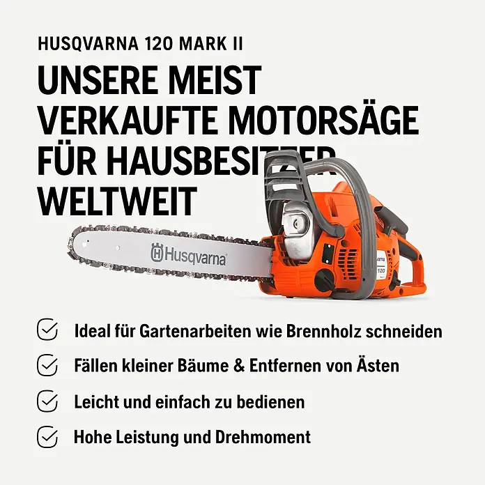 Husqvarna Benzin-Kettensäge 120 Mark II - 1.400 W, 38 cm³, Schwertlänge: 35 cm, Max. Aststärke: 300 mm - Orange-graue Husqvarna 120 Mark II Kettensäge mit langem Schwert, ideal für Hausbesitzer und Gartenarbeiten.