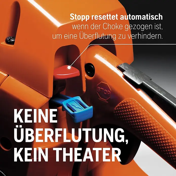 Husqvarna Benzin-Kettensäge 120 Mark II - 1.400 W, 38 cm³, Schwertlänge: 35 cm, Max. Aststärke: 300 mm - Oranger Gerätegriff mit rotem Stopp-Knopf, blauem Choke-Hebel und schwarzem Schalter; automatischer Stopp-Reset verhindert Überflutung.