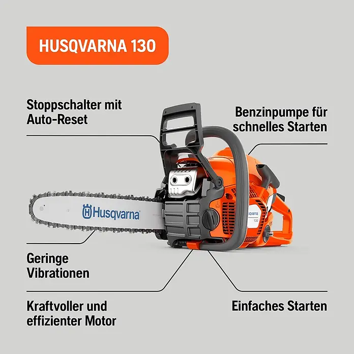 Husqvarna Benzin-Kettensäge 130 - 1.500 W, 38 cm³, Schwertlänge: 35 cm, Max. Aststärke: 300 mm - Orange-graue Husqvarna 130 Kettensäge mit Führungsschiene, hervorgehobene Merkmale für einfaches und effizientes Schneiden.