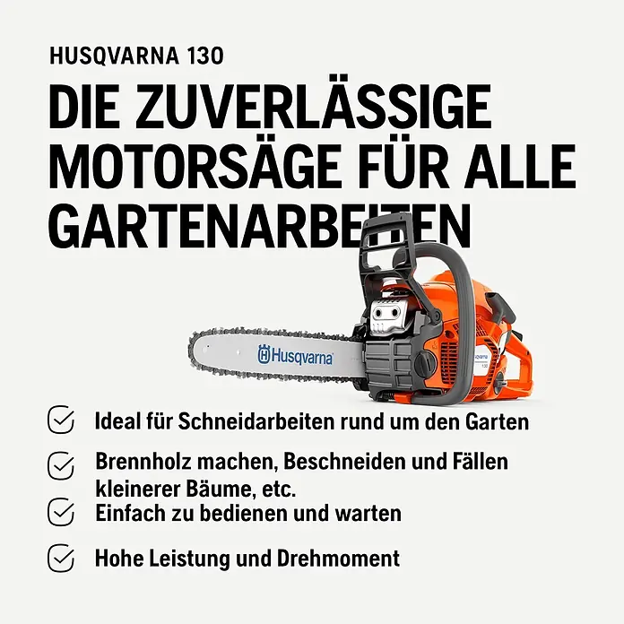 Husqvarna Benzin-Kettensäge 130 - 1.500 W, 38 cm³, Schwertlänge: 35 cm, Max. Aststärke: 300 mm - Orange-schwarze Husqvarna 130 Motorsäge, zuverlässig für Gartenarbeiten wie Schneiden, Beschneiden und Fällen kleinerer Bäume.