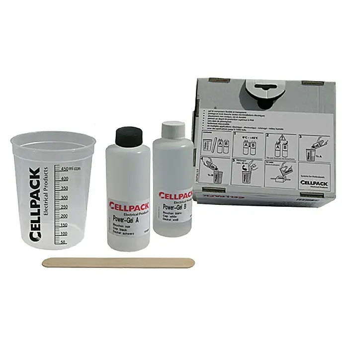 Cellpack Zweikomponenten-Gel - 400 ml - Ein Set mit CELLPACK Power-Gel A und B, einem Messbecher und einem Rührholz in der Verpackung.