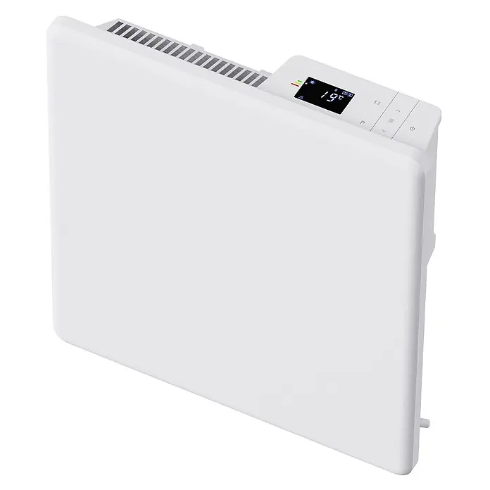 Sannover Planheizkörper - B x H: 400 x 400 mm, Typ Heizkörper: Sonstige - Weißer elektrischer Radiator mit Digitalanzeige, die 19°C zeigt, und oberen Lüftungsschlitzen.