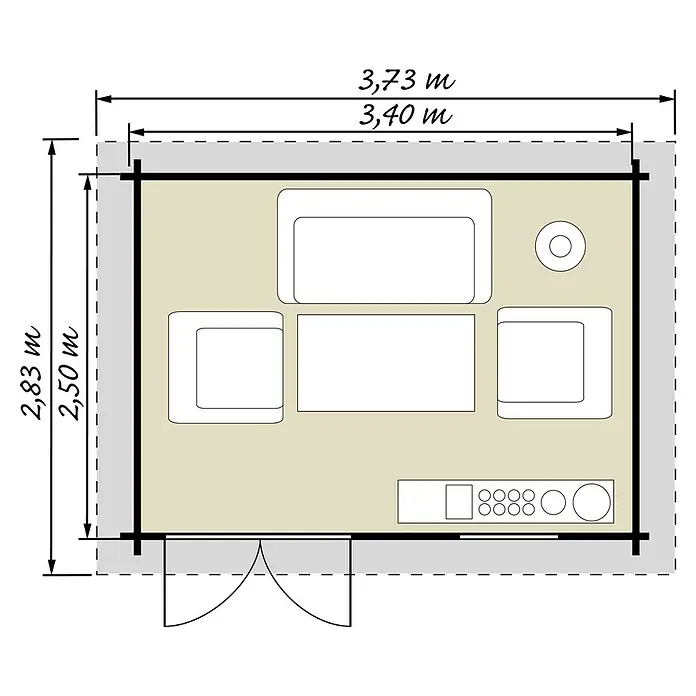 Kiehnholz Gartenhaus Lounge 1 - Außenmaß inkl. Dachüberstand (B x T): 367 x 281 cm, Holz, Natur - Grundrissdarstellung eines Wohnzimmers mit Sofa, Sesseln, Couchtisch und Sideboard, ideal für die Möbelplanung und Raumgestaltung.