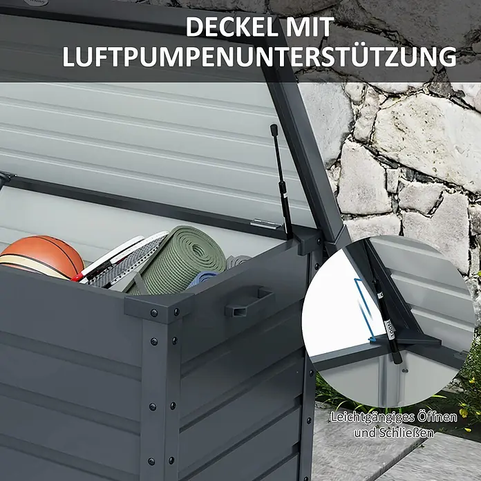 Furnicato Garten-Aufbewahrungsbox - Dunkelgrau, Stahl - Dunkelgraue Aufbewahrungsbox mit Gasfederdeckel für leichtes Öffnen/Schließen. Offen, zeigt Inhalt.
