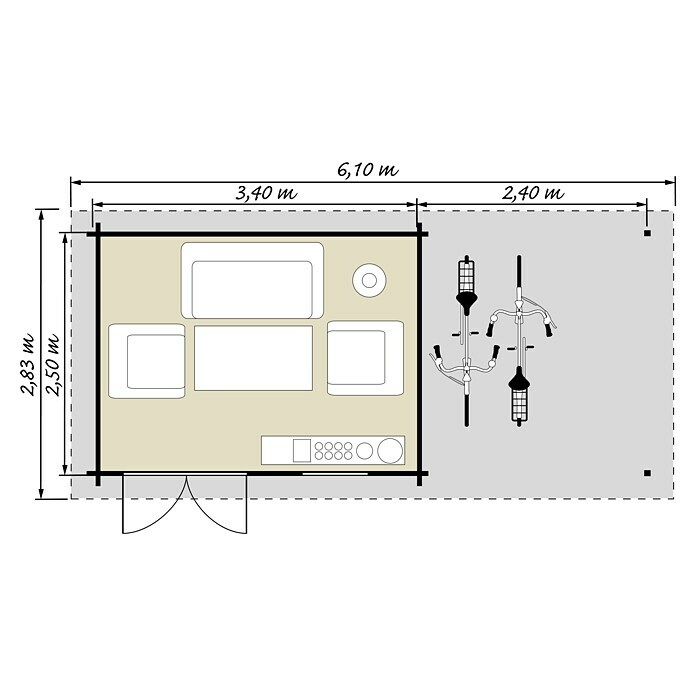 Caseta de madera Lounge 2 (Madera, Área: 14,5 m², Espesor de pared: 28 mm)