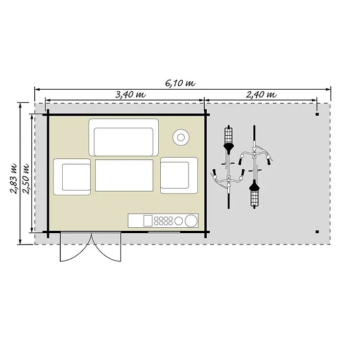 Kiehnholz Gartenhaus Lounge 2 - Außenmaß inkl. Dachüberstand (B x T): 605 x 282 cm, Holz, Natur - Draufsicht auf eine Illustration eines Wohnzimmers, die Möbel wie Couch, Sessel, Fernseher und Stehlampen zeigt.