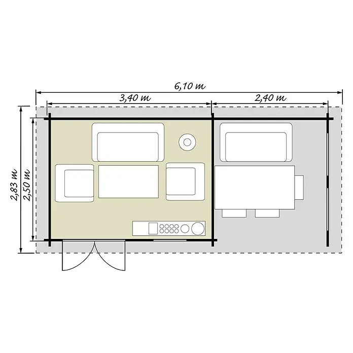 Kiehnholz Gartenhaus Lounge 3 - Außenmaß inkl. Dachüberstand (B x T): 605 x 282 cm, Holz, Natur - Raumplan-Draufsicht zeigt Möbelanordnung mit Sitzgelegenheiten, Tischen und Küchendetails für die Innenarchitektur.