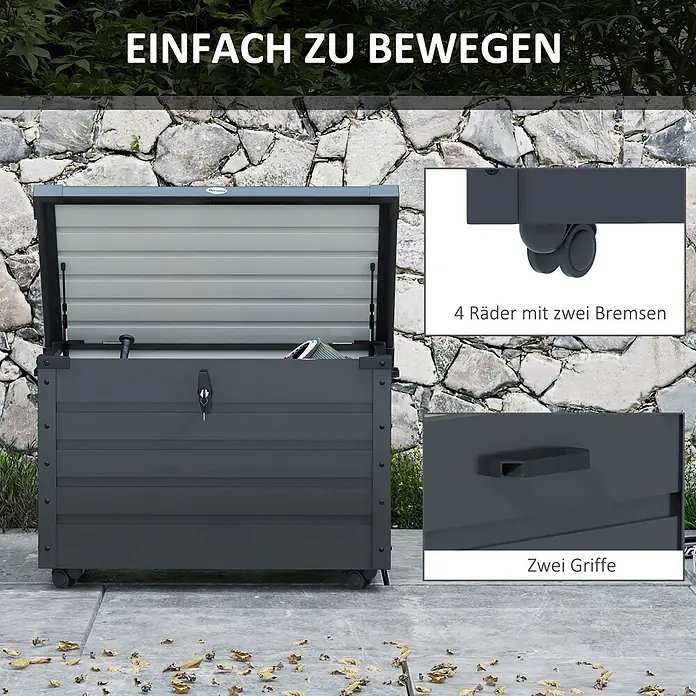 Furnicato Garten-Aufbewahrungsbox - Dunkelgrau, Stahl - Dunkelgraue Outdoor-Aufbewahrungsbox mit 4 Rollen (2 gebremst) und 2 Griffen, Deckel offen, leicht zu bewegen.