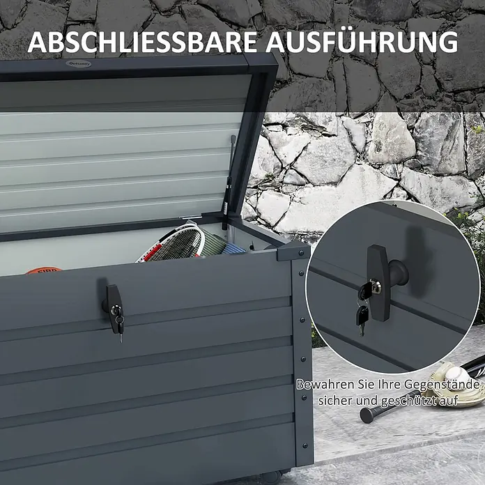 Furnicato Garten-Aufbewahrungsbox - Dunkelgrau, Stahl - Dunkelgraue, abschließbare Outdoor-Aufbewahrungsbox, geöffnet mit Gegenständen, betont sicheres Design.