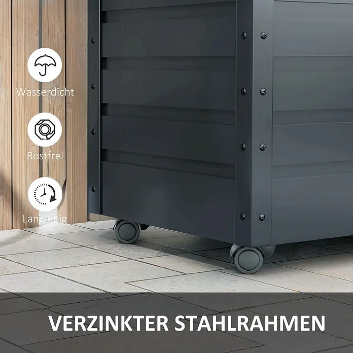 Furnicato Garten-Aufbewahrungsbox - Dunkelgrau, Stahl - Dunkelgraue Outdoor-Gartenbox aus verzinktem Stahl mit Rollen, wasserdicht, rostfrei und langlebig.