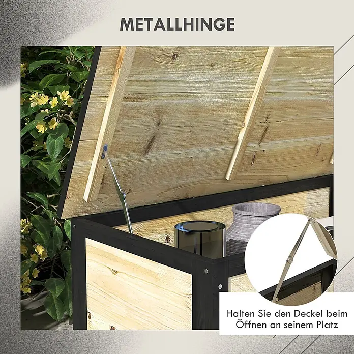 Outsunny Garten-Aufbewahrungsbox - Naturholz - Holzkiste mit geöffnetem Deckel, zeigt ein silbernes Metallscharnier, das den Deckel hält.