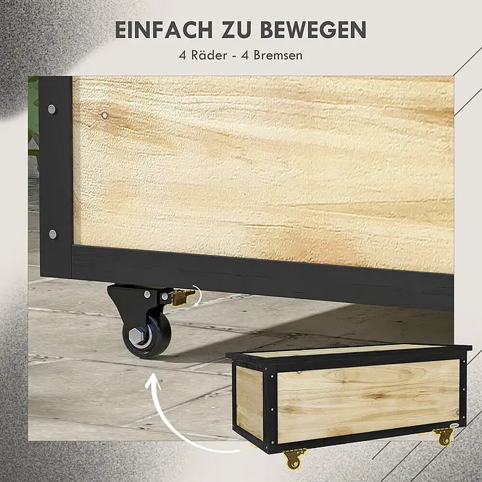 Outsunny Garten-Aufbewahrungsbox - Naturholz - Holzlagerbox mit schwarzem Rahmen, auf Rollen mit Bremsen. Text: "Einfach zu bewegen - 4 Räder, 4 Bremsen".