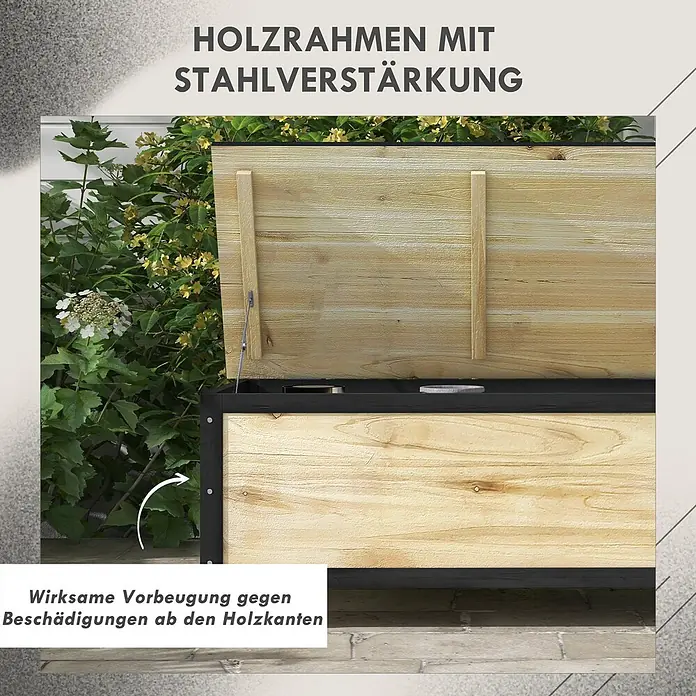 Outsunny Garten-Aufbewahrungsbox - Naturholz - Offene Holz-Gartenbox mit schwarzer Stahlverstärkung, die die Kanten schützt, im Außenbereich dargestellt.