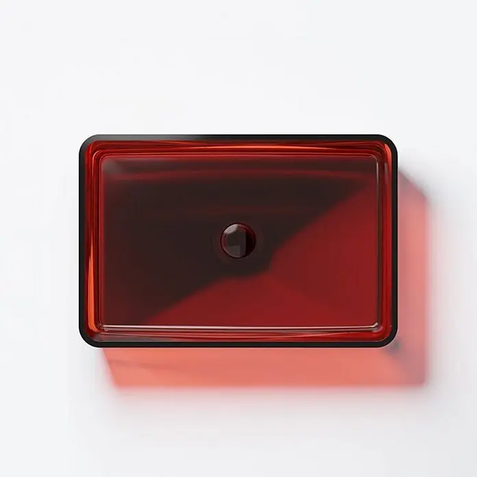 Vola Waschtisch -  - Rechteckiges, durchscheinendes, rotes Glaswaschbecken mit zentralem Abfluss.