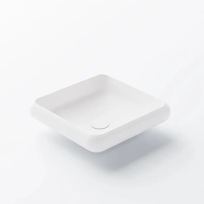 Vola Waschtisch - 0 x 0 cm - Weißes quadratisches Waschbecken mit abgerundeten Kanten und runder Ablaufscheibe.