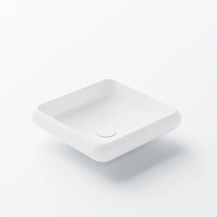 Vola Waschtisch - 0 x 0 cm - Weißes, quadratisches Waschbecken mit abgerundeten Ecken und zentralem Ablaufdeckel.