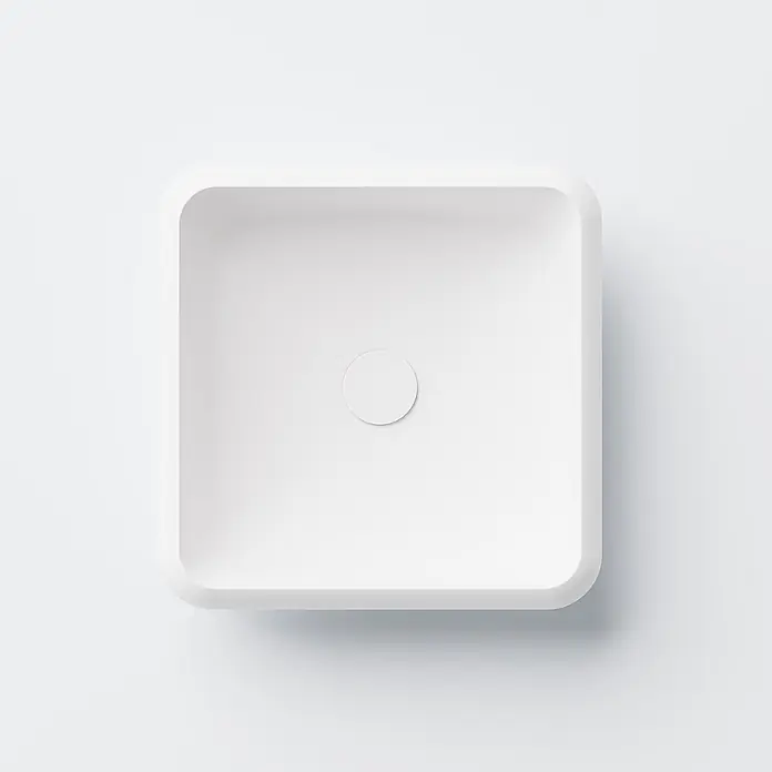 Vola Waschtisch - 0 x 0 cm - Weißes, quadratisches Waschbecken mit abgerundeten Ecken und zentralem runden Abfluss.