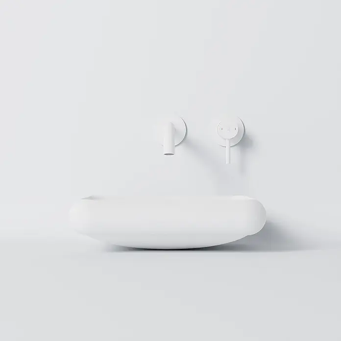 Vola Waschtisch - 0 x 0 cm - Weißes minimalistisches ovales Waschbecken mit passender wandmontierter Armatur und Temperaturregelung.