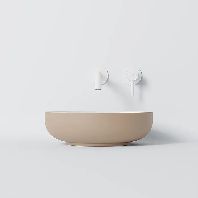 Vola Waschtisch - 0 x 0 cm - Runde, beige Aufsatzwaschschale mit weißer Wandarmatur.