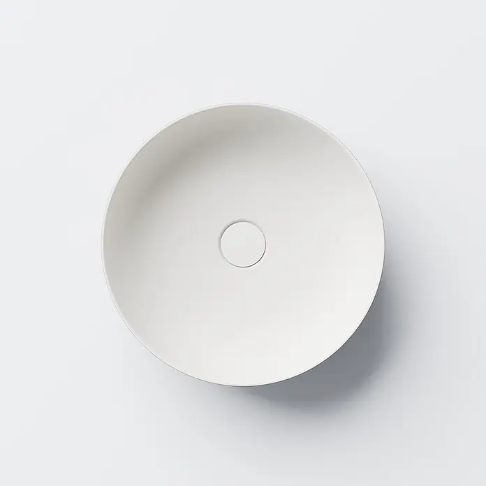 Vola Waschtisch - 0 x 0 cm - Runde weiße Aufsatzwaschschale mit zentralem Abfluss.
