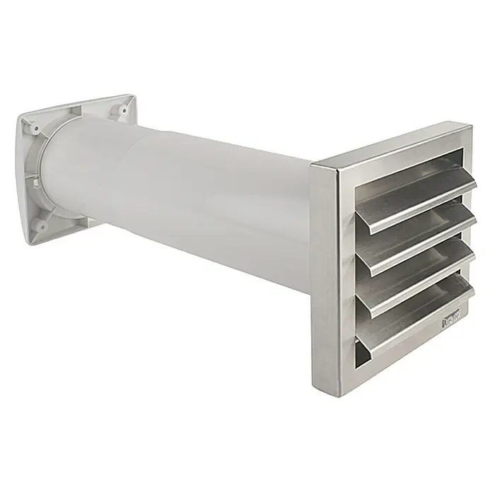 Air-Circle Aeroboy Energiespar-Mauerkasten - Durchmesser: 125 mm, Max. Luftleistung: 600 m³/h, Edelstahl - Ein Abluftventil aus Edelstahl mit Lamellen und einem weißen Kunststoffrohr für die Wandmontage.