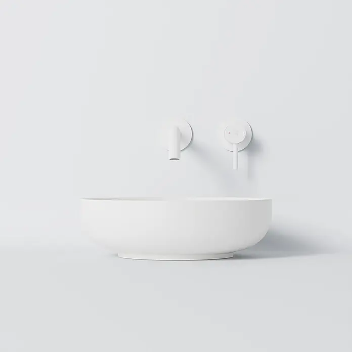 Vola Waschtisch - 0 x 0 cm - Weißer wandmontierter Wasserhahn und Waschbecken für ein modernes Badezimmer.