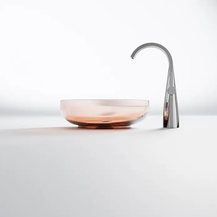 Vola Waschtisch - 0 x 0 cm - Rosafarbenes Glasbecken mit modernem, verchromtem Bogenhahn.